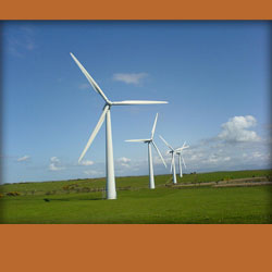 Multiple wind turbines in a field. In a row, with a slightly cloudly blue sky.